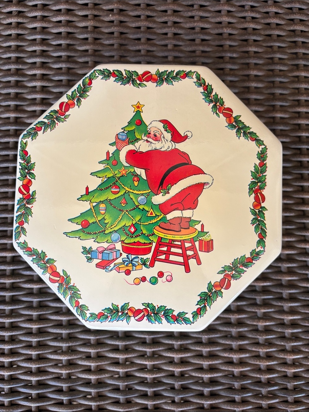 Vintage Festive Santa & Tree Decorative Hard Plastic container - Red & Green
